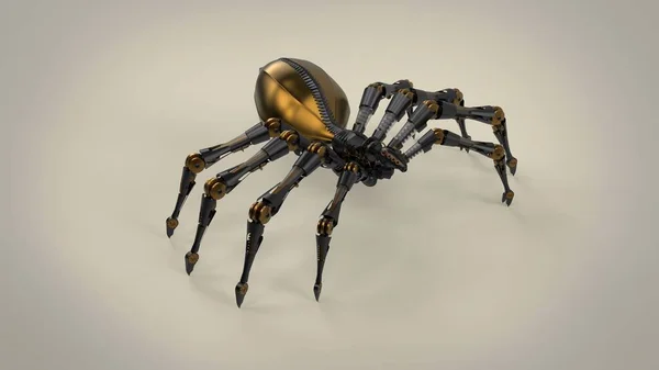 Sci Modern Black Robot Spider Golden Elements Isolated Brown Solid — 스톡 사진