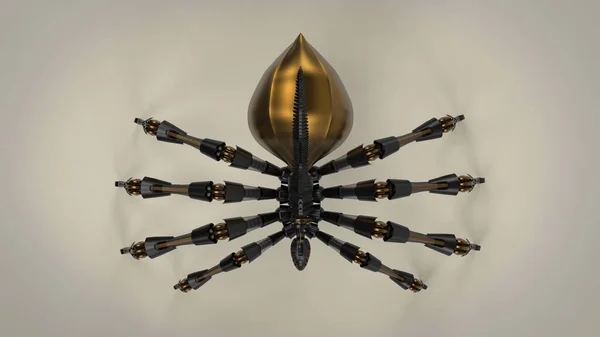 茶色の固体背景に孤立した黄金の要素を持つSf現代の黒ロボットスパイダー3Dレンダリングイメージコンセプト — ストック写真