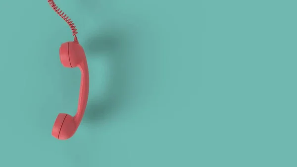 Mavi arkaplandaki eski pembe telefon alıcısı 3D görüntüleme