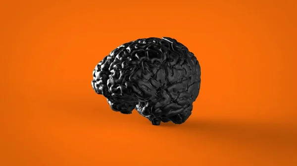 橙色背景下分离的黑色大理石人脑正交投影3D渲染图像 — 图库照片