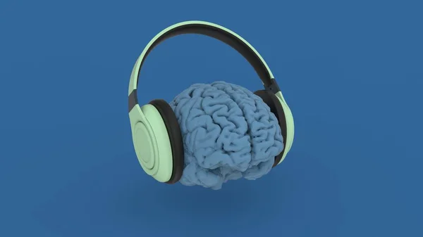 Cerebro Humano Escuchar Auriculares Verdes Vista Aislada Sobre Fondo Azul — Foto de Stock