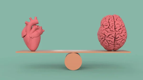 Pembe insan kalbi ve beyin sembolleri konsepti denge tahtası terazisinde 3d render gibi duruyor.