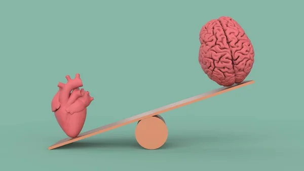 Pembe insan kalbi ve beyin sembolleri konsepti denge tahtası terazisinde 3d render gibi duruyor.