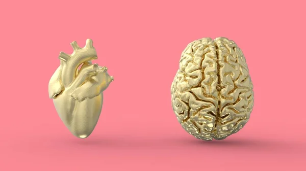 Cerebro Humano Anatómico Dorado Corazón Aislado Sobre Fondo Rosa Render — Foto de Stock