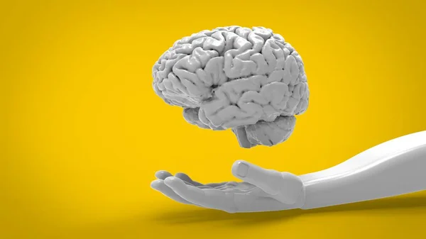 白色大理石手将人脑隔离在黄色背景下 3D渲染图像 — 图库照片