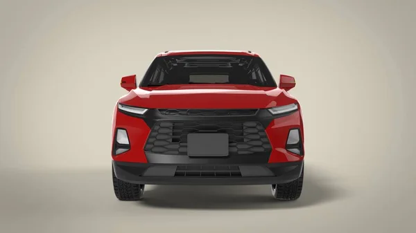 フロントビューレッドプレミアムシティクロスオーバー普遍的なブランドのない汎用Suvコンセプト車ブラウンの背景に隔離された3Dレンダリングイメージ — ストック写真