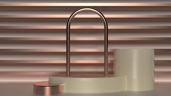 Beyaz mermer podyum. Moda arka planında boş kaide görüntüsü var. Minimum stil rafı var. Ürün sunumu için stand-up 'ı Cooper ark çerçeve ile 3D görüntüleme
