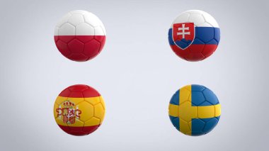 UEFA Avrupa Şampiyonası 2020 futbol turnuvası gerçekçi futbol topları ve E grubunun bayrakları sağlam beyaz arka planda izole edilmiş 3D görüntüler.