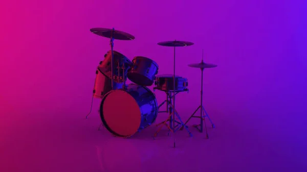 The drum kit set isometric view isolated in a purple room and is illuminated by neon light equipment in cyberpunk style iluminated by neon light and reflected on the glossy floor 3d render image