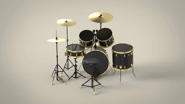 Back view of professional black drum kit with gold lines isolated on solid brown background 3d rendering image