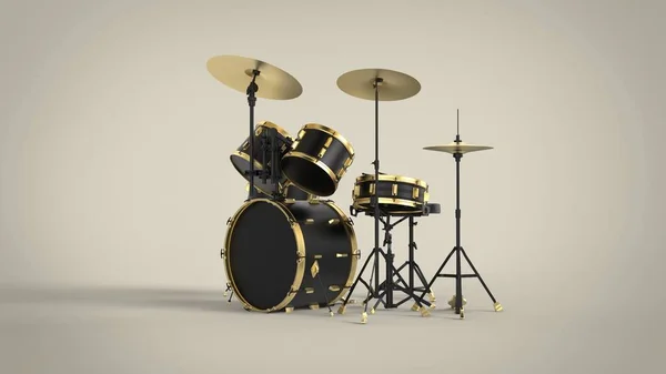 Right Side View Professional Black Drum Kit Gold Lines Isolated — ストック写真