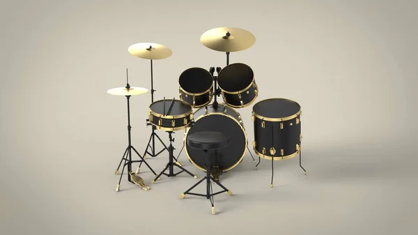 Achteraanzicht Van Professionele Zwarte Trommel Kit Met Gouden Lijnen Geïsoleerd Stockfoto