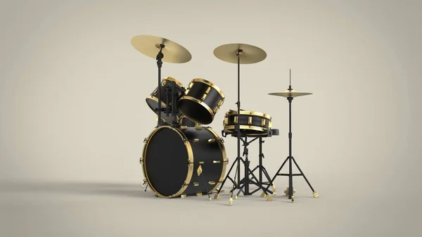 Rechts Uitzicht Professionele Zwarte Drum Kit Met Gouden Lijnen Geïsoleerd Rechtenvrije Stockafbeeldingen