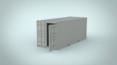 Lojistik için açık kapısı olan beyaz kargo konteynırının izometrik görüntüsü yumuşak mavi arkaplanda izole edilmiş ulaşım ve teslimat görüntüsü 3d