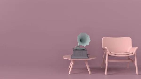 老旧的斯堪的纳维亚式最小阁楼风格内饰扶手椅和老式留声机在侧面桌子上模拟 墙上有空隙 可供网页横幅设计3D渲染图像 — 图库照片