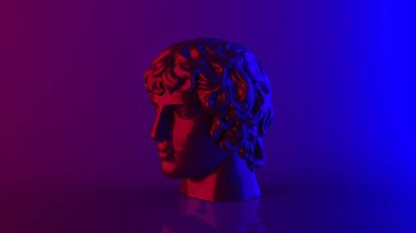 Neon mor ve mavi ışık siber punk tarzı sağ tarafta izometrik görünüm Antinous man print ve afiş hazır 3d görüntüleme