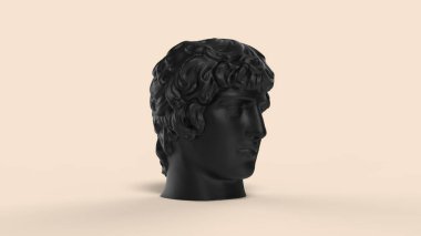 Siyah baş heykelinin sol tarafı. Genç Yunan Antinous yüzü. Kahverengi arkaplanda izole edilmiş boş bir alana sahip.