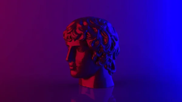 Neon mor ve mavi ışık siber punk tarzı sağ tarafta izometrik görünüm Antinous man print ve afiş hazır 3d görüntüleme