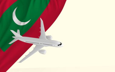 Maldivler 'in ulusal ülke bayrağında yolcu uçuşu konsepti jeopolitik ve turizm afişi kopyalanmış 3D görüntüleme alanı