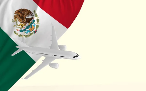 コピースペースとメキシコの地政学と観光バナーの国旗上の旅客飛行機旅行の概念による飛行は 準備ができて3Dレンダリングイメージをカット — ストック写真
