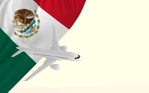 Flight by passenger airplane travel concept on the national country flag of Mexico geopolitics and tourism banner with copy space cut out ready 3d rendering image