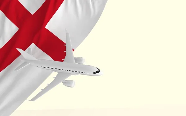 Flight by passenger airplane travel concept on the national country flag of England geopolitics and tourism banner with copy space cut out ready 3d rendering image