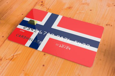Norveç ulusal bankacılık sisteminin bayrağını taşıyan plastik kredi veya banka kartı ahşap masa kapama kavramı 3D görüntüleme