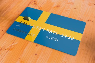 İsveç Ulusal Bankacılık Sistemi bayraklı plastik kredi veya banka kartı Tahta masa üzerinde izole konsept 3d görüntüleme