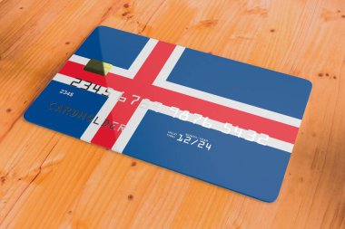 İzlanda Ulusal Bankacılık Sistemi bayraklı plastik kredi veya banka kartı, ahşap masa kapatma kavramı 3D görüntüleme