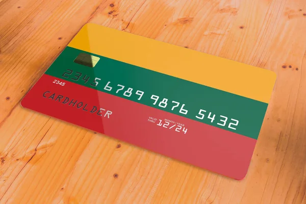 Plastic credit or bank debit card with country flag of Lithuania national banking system isolated on wooden table close up concept 3d rendering image