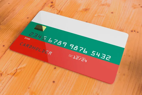 Plastic credit or bank debit card with country flag of Bulgaria national banking system isolated on wooden table close up concept 3d rendering image