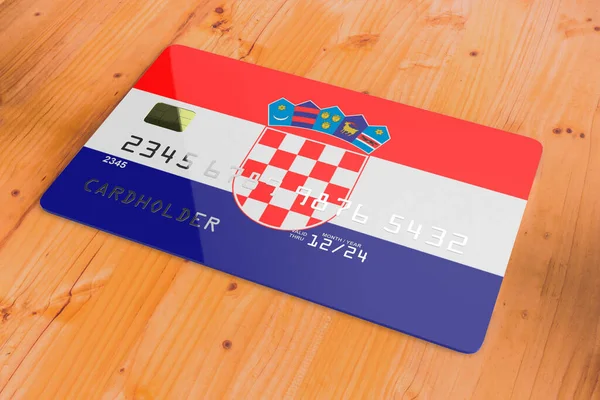 塑料信用卡或银行借记卡 上面印有克罗地亚国家银行系统国旗 孤立在木制桌子上关闭概念3D渲染图像 — 图库照片