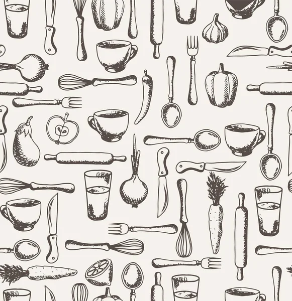 Motif Vectoriel Sans Couture Avec Fruits Légumes Outils Cuisine Plats — Image vectorielle