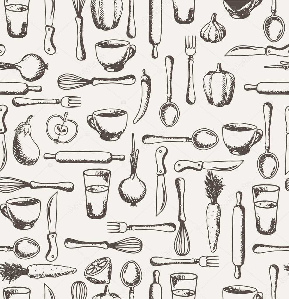 Vector seamless pattern with fruits, vegetables, kitchen tools and dishes. Hand drawn doodle icons