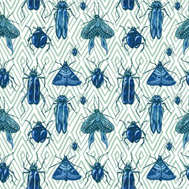 Böceklerin, kelebeklerin ve güvelerin kusursuz deseni. Çeşitli böceklerle botanik geçmişi moda. Tekstil ve tipografi için vahşi hayvanlar