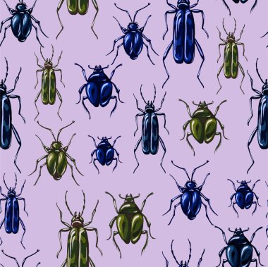 Gouache 'de çizilmiş kusursuz böcek deseni. Çeşitli böceklerle botanik geçmişi moda. Tekstil ve tipografi için vahşi hayvanlar