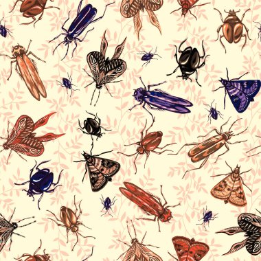 Böceklerin, kelebeklerin ve güvelerin kusursuz deseni. Çeşitli böceklerle botanik geçmişi moda. Tekstil ve tipografi için vahşi hayvanlar