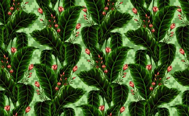 Hawaii bitkilerinin ve ağaçların gouache boyalı yapraklarının kusursuz deseni. Tropikal bitkilerle botanik arka plan eğilimi