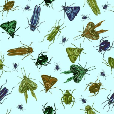 Böceklerin, kelebeklerin ve güvelerin kusursuz deseni. Çeşitli böceklerle botanik geçmişi moda. Tekstil ve tipografi için vahşi hayvanlar