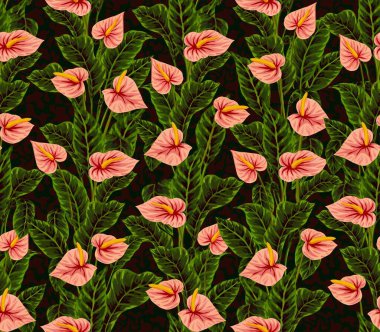 Hawaii bitkilerinin ve ağaçların gouache boyalı yapraklarının kusursuz deseni. Tropikal bitkilerle botanik arka plan eğilimi