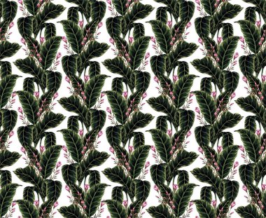 Gouache boyalı palmiye yapraklarının kusursuz deseni. Tropikal bitkilerle botanik geçmişi