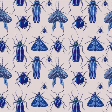 Böceklerin, kelebeklerin ve güvelerin kusursuz deseni. Çeşitli böceklerle botanik geçmişi moda. Tekstil ve tipografi için vahşi hayvanlar