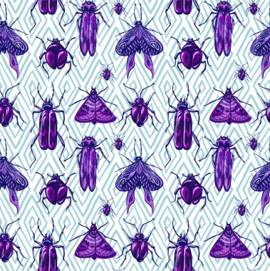 Böceklerin, kelebeklerin ve güvelerin kusursuz deseni. Çeşitli böceklerle botanik geçmişi moda. Tekstil ve tipografi için vahşi hayvanlar