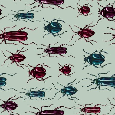 Gouache 'de çizilmiş kusursuz böcek deseni. Çeşitli böceklerle botanik geçmişi moda. Tekstil ve tipografi için vahşi hayvanlar