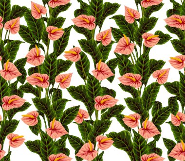 Hawaii bitkilerinin ve ağaçların gouache boyalı yapraklarının kusursuz deseni. Tropikal bitkilerle botanik arka plan eğilimi