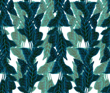 Gouache boyalı palmiye yapraklarının kusursuz deseni. Tropikal bitkilerle botanik geçmişi