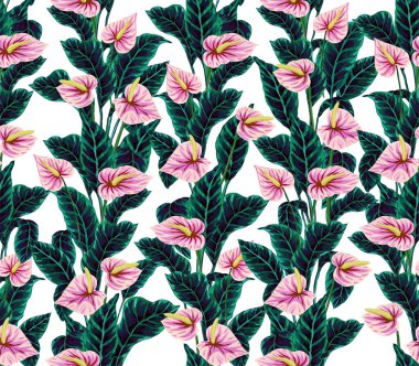 Hawaii bitkilerinin ve ağaçların gouache boyalı yapraklarının kusursuz deseni. Tropikal bitkilerle botanik arka plan eğilimi