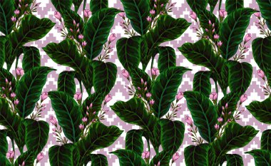 Hawaii bitkilerinin ve ağaçların gouache boyalı yapraklarının kusursuz deseni. Tropikal bitkilerle botanik arka plan eğilimi