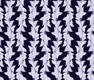 Hawaii bitkilerinin ve ağaçların gouache boyalı yapraklarının kusursuz deseni. Tropikal bitkilerle botanik arka plan eğilimi