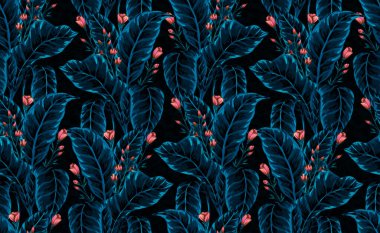 Hawaii bitkilerinin ve ağaçların gouache boyalı yapraklarının kusursuz deseni. Tropikal bitkilerle botanik arka plan eğilimi